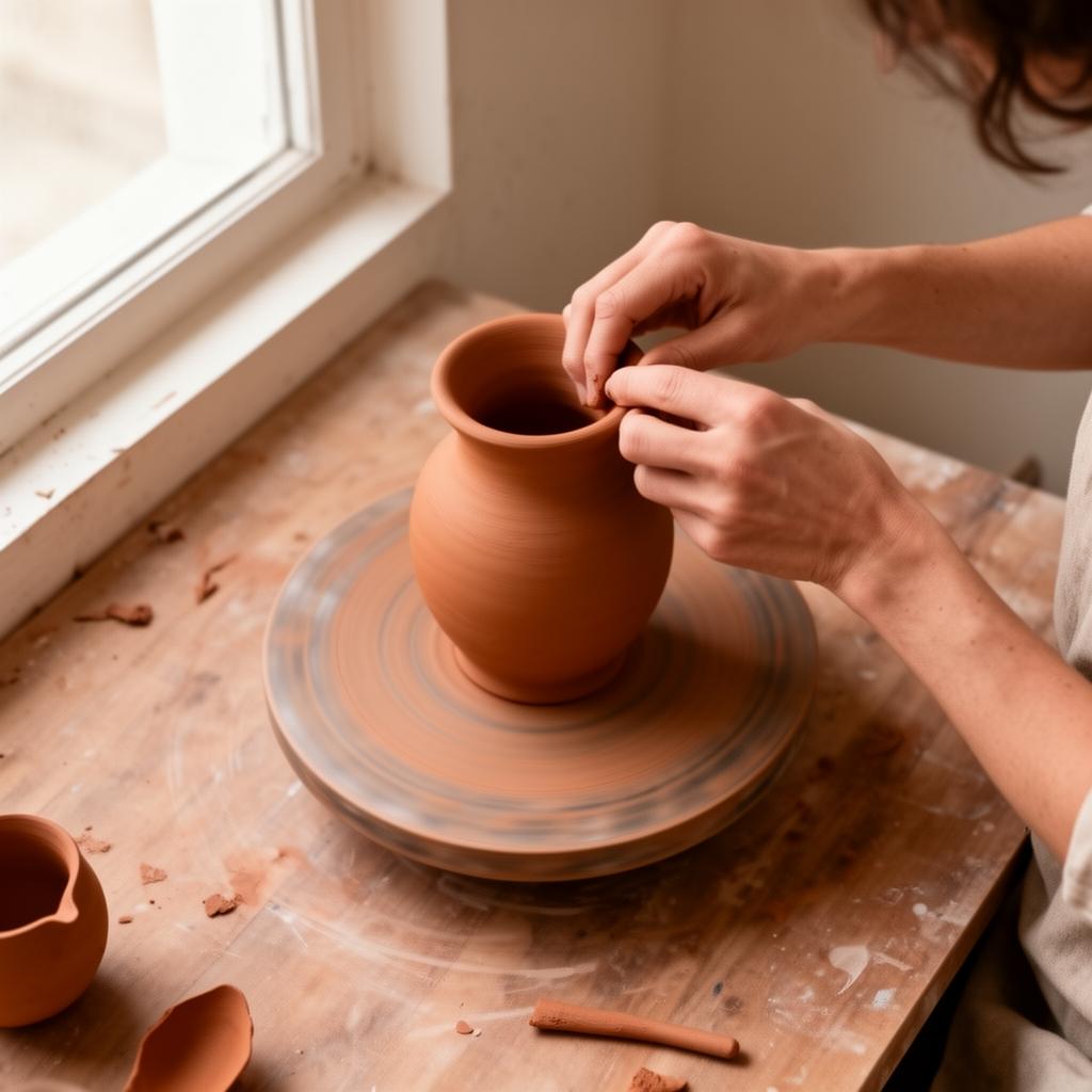 Artesã moldando vaso de cerâmica em ateliê iluminado